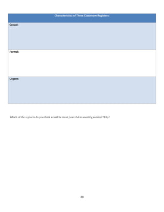 Characteristics of Three Classroom Registers:


Casual:




Formal:




Urgent:




Which of the registers do you think would be most powerful in asserting control? Why?




                                                            20
 