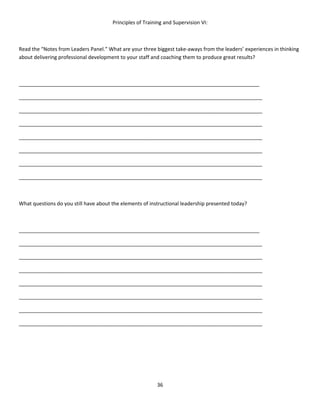 Principles of Training and Supervision VI:



Read the “Notes from Leaders Panel.” What are your three biggest take-aways from the leaders’ experiences in thinking
about delivering professional development to your staff and coaching them to produce great results?



____________________________________________________________________________________

_____________________________________________________________________________________

_____________________________________________________________________________________

_____________________________________________________________________________________

_____________________________________________________________________________________

_____________________________________________________________________________________

_____________________________________________________________________________________

_____________________________________________________________________________________



What questions do you still have about the elements of instructional leadership presented today?



____________________________________________________________________________________

_____________________________________________________________________________________

_____________________________________________________________________________________

_____________________________________________________________________________________

_____________________________________________________________________________________

_____________________________________________________________________________________

_____________________________________________________________________________________

_____________________________________________________________________________________




                                                          36
 