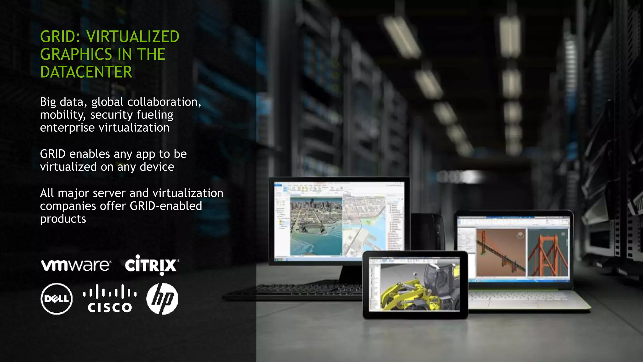 GRID: VIRTUALIZED
GRAPHICS IN THE
DATACENTER
Big data, global collaboration,
mobility, security fueling
enterprise virtualization
GRID enables any app to be
virtualized on any device
All major server and virtualization
companies offer GRID-enabled
products
 