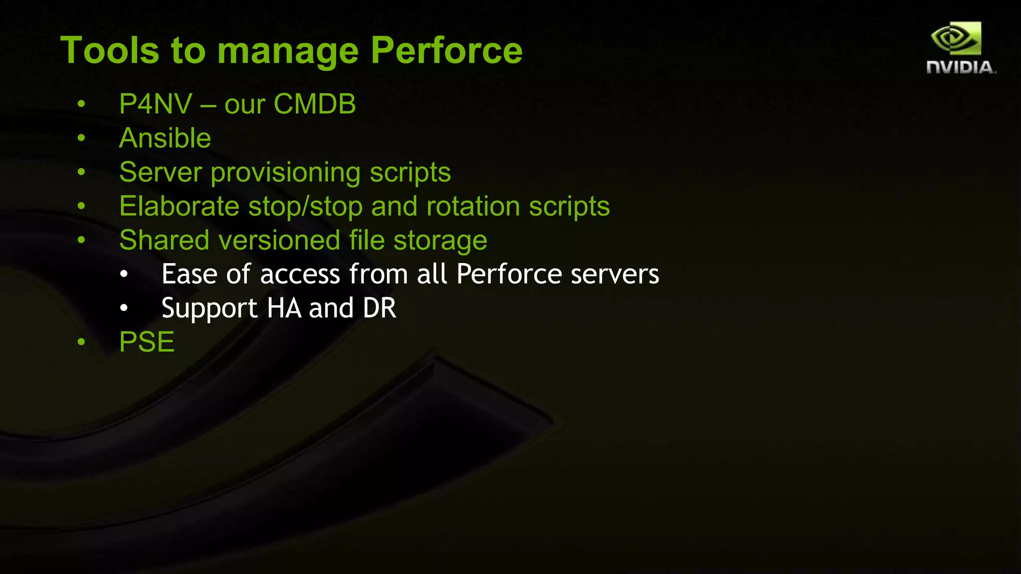 Chip library design/release
Circuit Design
• Cadence Virtuoso/Composer
• IC Manage GDP
Circuit Release
• Internal verif scripts
• “p4 integrate”
Chip library build
• Continuous
• All models
• Full verification
Chip library release
• Four lib types
• Chip lead does integrate
• Multiple NetApp volumes
 