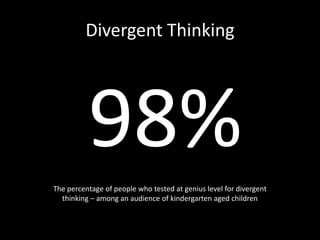 Divergent Thinking
98%
The percentage of people who tested at genius level for divergent
thinking – among an audience of k...