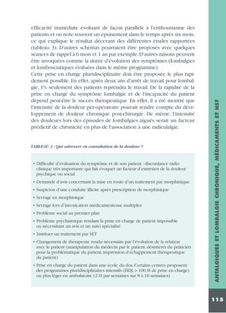 TABLEAU 3 : Qui adresser en consultation de la douleur ?

• Difficulté d’évaluation du symptôme et de son patient : discordance radio
clinique très importante qui fait évoquer un facteur d’entretien de la douleur
psychique ou social
• Demande d’avis concernant la mise en route d’un traitement par morphinique
• Suspicion d’une conduite illicite après prescription de morphinique
• Sevrage en morphinique
• Sevrage lors d’intoxication médicamenteuse multiples
• Problème social au premier plan
• Problème psychiatrique rendant la prise en charge de patient impossible
ou nécessitant un avis et un suivi spécialisé
• Instituer un traitement par SET
• Changement de thérapeute rendu nécessaire par l’évolution de la relation
avec le patient (manipulation du médecin par le patient, désintérêt du praticien
pour la problématique du patient, impression d’échappement thérapeutique
du patient)
• Prise en charge du patient dans une école du dos. Certains centres proposent
des programmes pluridisciplinaires intensifs (HDJ, > 100 H de prise en charge)
ou plus léger en ambulatoire (2 H par semaines sur 8 à 10 semaines)

ANTALGIQUES ET LOMBALGIE CHRONIQUE, MÉDICAMENTS ET NST

efficacité immédiate évoluant de façon parallèle à l'enthousiasme des
patients et on note souvent un épuisement dans le temps après six mois,
ce qui explique le résultat décevant des différentes études rapportées
(tableau 3). D'autres schémas pourraient être proposés avec quelques
séances de rappel à 6 mois et 1 an par exemple.D'autres raisons peuvent
être invoquées comme la durée d'évolution des symptômes (lombalgies
et lombosciatiques évaluées dans le même programme).
Cette prise en charge pluridisciplinaire doit être proposée le plus rapidement possible. En effet, après deux ans d'arrêt de travail pour lombalgie, 1% seulement des patients reprendra le travail. De la rapidité de la
prise en charge du symptôme lombalgie et de l'incapacité du patient
dépend peut-être le succès thérapeutique. En effet, il a été montré que
l'intensité de la douleur per-opératoire pouvait rendre compte du développement de douleur chronique post-chirurgie. De même, l'intensité
des douleurs lors des épisodes de lombalgies aiguës serait un facteur
prédictif de chronicité en plus de l'association à une radiculalgie.

115

 