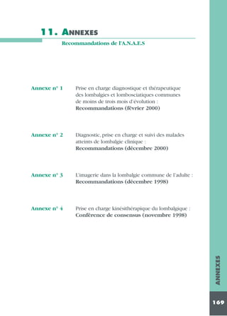 11. ANNEXES
Recommandations de l’A.N.A.E.S

Prise en charge diagnostique et thérapeutique
des lombalgies et lombosciatiques communes
de moins de trois mois d’évolution :
Recommandations (février 2000)

Annexe n° 2

Diagnostic, prise en charge et suivi des malades
atteints de lombalgie clinique :
Recommandations (décembre 2000)

Annexe n° 3

L’imagerie dans la lombalgie commune de l’adulte :
Recommandations (décembre 1998)

Annexe n° 4

Prise en charge kinésithérapique du lombalgique :
Conférence de consensus (novembre 1998)

ANNEXES

Annexe n° 1

169

 