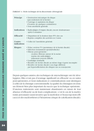 TABLEAU 4 : Fiche technique de la discectomie chirurgicale

Principe

• Destruction mécanique du disque
(pas seulement de la hernie)
• Curetage et aspiration du disque
(Cicatrice de quelques centimètres)
• Sous anesthésie générale

Indications • Radiculalgies d'origine discale, encore douloureuses
après 6 semaines
PRISE EN CHARGE D’UNE LOMBALGIE COMMUNE AIGUË DE L’ADULTE

Efficacité

54

• Disparition de la douleur dans 95% des cas
• Reprise complète des activités en 3 mois

Contre• Celles de l’anesthésie générale
indications
Risques

• Échec environ 5% (persistance de la hernie discale)
• Infection (notamment spondylodiscite)
• Fibrose post-opératoire :
cicatrice fibreuse autour de la racine
reprise des radiculalgies
traitement souvent difficile
• Lombalgie résiduelle
• Récidive de hernie discale au même étage si geste incomplet
• Récidive de hernie discale à un étage différent
par hypersollicitation des disques sus ou sous-jacents

Depuis quelques années, des techniques de microchirurgie ont été développées. Elles n’ont pas d’avantage significatif en efficacité ou en suites
post-opératoires, et leurs indications et contrindications sont identiques
à celles de la chirurgie conventionnelle.La qualité du chirurgien est donc
un élément bien plus important du succès que la technique opératoire.
D’anciens traitements sont maintenant abandonnés en raison de leur
absence d’efficacité ou de leurs complications : c’est le cas de la nucléotomie percutanée (aussi invasive que la nucléolyse et beaucoup mois efficace) et des nucléorthèses à l’héxatrione (risque de calcification discale).

 