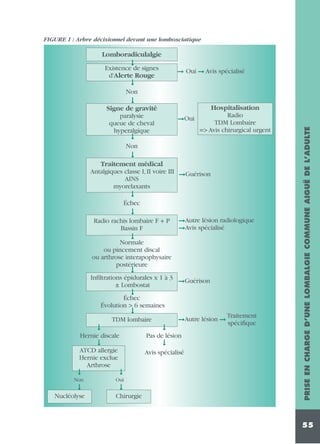 FIGURE 1 : Arbre décisionnel devant une lombosciatique

Lomboradiculalgie
©

Existence de signes
d'Alerte Rouge

© Oui © Avis spécialisé

©

Non

©Oui

©

Hospitalisation
Radio
TDM Lombaire
=> Avis chirurgical urgent

Non

©
Traitement médical
Antalgiques classe I, II voire III
©Guérison
AINS
myorelaxants
©
Échec

©
Radio rachis lombaire F + P
Bassin F

©Autre lésion radiologique
©Avis spécialisé

©
©

Normale
ou pincement discal
ou arthrose interapophysaire
postérieure
Infiltrations épidurales x 1 à 3
©Guérison
± Lombostat

©
©

Échec
Évolution > 6 semaines
TDM lombaire

©

©

Traitement
©Autre lésion © spécifique

Hernie discale

Pas de lésion

©

©

ATCD allergie
Hernie exclue
Arthrose

Avis spécialisé

©

©

Non

Oui

©

©
Nucléolyse

Chirurgie

PRISE EN CHARGE D’UNE LOMBALGIE COMMUNE AIGUË DE L’ADULTE

©
Signe de gravité
paralysie
queue de cheval
hyperalgique

55

 