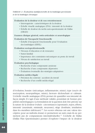 TABLEAU 2 : Évaluation multifactorielle de la lombalgie persistante
et de la lombalgie chronique

Évaluation de la douleur et de son retentissement

• Interrogatoire : caractéristiques de la douleur
• Échelle visuelle analogique (EVA) : intensité de la douleur
• Échelle de douleur du rachis auto-questionnaire de Dallas
(DRAD)
Examen clinique général, ostéo-articulaire et neurologique
Évaluation de l’incapacité fonctionnelle

• Échelle d’incapacité fonctionnelle pour l’évaluation
des lombalgies (EIFEL)
Évaluation socioprofessionnelle

• Niveaux d’éducation et de ressource
• Statut familial
• Importance des contraintes mécaniques au poste de travail
• Niveau de satisfaction au travail
Évaluation psychologique

• Recherche d’une composante anxieuse
• Recherche d’une composante dépressive
• Évaluation éventuelle des stratégies adaptatives
Évaluation médico-légale

LA LOMBALGIE CHRONIQUE

• Précision du contexte : accident du travail
• Recherche d’un conflit médico-légal

66

d’évolution, horaire (mécanique, inflammatoire, mixte), type (excès de
nociception, neuropathique, mixte), facteurs déclenchant et calmant.
L’échelle visuelle analogique (EVA) permet de quantifier son intensité de
façon simple. Il s’agit d’une méthode validée, possédant de bonnes propriétés métrologiques. La formulation de la question doit être précise sur
la nature de la douleur évaluée : circonstances (spontanée, repos, effort),
intensité (maximale, minimale, moyenne), siège (lombaire, irradiation
dans les membres inférieurs) (29). Les scores obtenus ont une valeur descriptive pour un individu donné et permettent un suivi, mais ils ne permettent pas de comparaisons interindividuelles (2). L’échelle de Dallas
(Dallas Pain Questionnaire) permet d’explorer l’impact de la douleur

 
