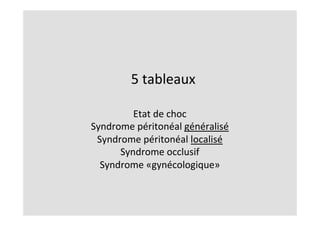 5	tableaux	
	
Etat	de	choc	
Syndrome	péritonéal	généralisé	
Syndrome	péritonéal	localisé	
Syndrome	occlusif	
Syndrome	«gynécologique»	
 