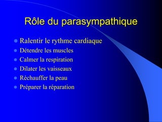 Rôle du parasympathiqueRôle du parasympathique
Ralentir le rythme cardiaque
Détendre les muscles
Calmer la respiration
Dil...