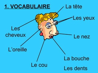 Les cheveux Le cou Les yeux Le nez L’oreille La bouche Les dents La tête 1. VOCABULAIRE 