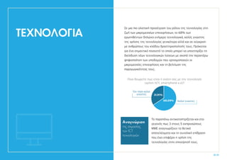 32.33
Σε μια πιο ολιστική προσέγγιση του ρόλου της τεχνολογίας στη
ζωή των μικρομεσαίων επιχειρήσεων, το 68% των
ερωτηθέντων δηλώνει ενήμερο τεχνολογικά, καλός γνώστης
της χρήσης της τεχνολογίας γενικότερα αλλά και σε σύγκριση
με ανθρώπους του κλάδου δραστηριοποίησής τους. Πρόκειται
για ένα σημαντικό ποσοστό το οποίο μπορεί να υποστηρίξει τη
διείσδυση νέων τεχνολογικών λύσεων με σκοπό την περαιτέρω
ψηφιοποίηση των υποδομών που χρησιμοποιούν οι
μικρομεσαίες επιχειρήσεις και τη βελτίωση της
παραγωγικότητας τους.
ΤΕΧΝΟΛΟΓΙΑ
Ποια θεωρείτε πως είναι η σχέση σας με την τεχνολογία
(χρήση Η/Υ, smartphone κ.α)?
Όχι τόσο καλοί
γνώστες
68.09% Καλοί γνώστες
31.91%
Το παραπάνω αντικατοπτρίζεται και στο
γεγονός πως 3 στους 5 εκπροσώπους
ΜΜΕ αναγνωρίζουν τα θετικά
αποτελέσματα και τη συνολική επίδραση
που έχει επιφέρει η χρήση της
τεχνολογίας στην επιχείρησή τους.
Αναγνώριση
της σημασίας
των ICT
τεχνολογιών
 