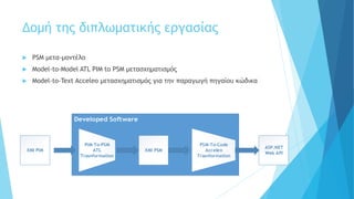 Δομή της διπλωματικής εργασίας
 PSM μετα-μοντέλο
 Model-to-Model ATL PIM to PSM μετασχηματισμός
 Model-to-Text Acceleo ...