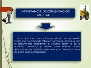 IMPORTANCIA DOCUMENTACIÓN
MERCANTIL

La documentación mercantil es importante porque permite
avalar una determinada relación comercial, debido a que
los documentos mercantiles a utilizarse darán fe de la
actividad comercial y servirán para asentar dichas
operaciones en registros especiales y su posterior control
por parte de la contabilidad.

 