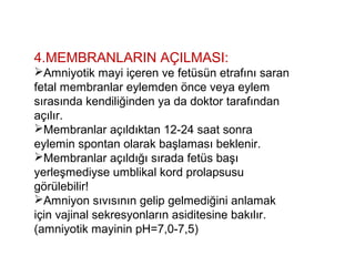 4.MEMBRANLARIN AÇILMASI:
Amniyotik mayi içeren ve fetüsün etrafını saran
fetal membranlar eylemden önce veya eylem
sırasında kendiliğinden ya da doktor tarafından
açılır.
Membranlar açıldıktan 12-24 saat sonra
eylemin spontan olarak başlaması beklenir.
Membranlar açıldığı sırada fetüs başı
yerleşmediyse umblikal kord prolapsusu
görülebilir!
Amniyon sıvısının gelip gelmediğini anlamak
için vajinal sekresyonların asiditesine bakılır.
(amniyotik mayinin pH=7,0-7,5)
 