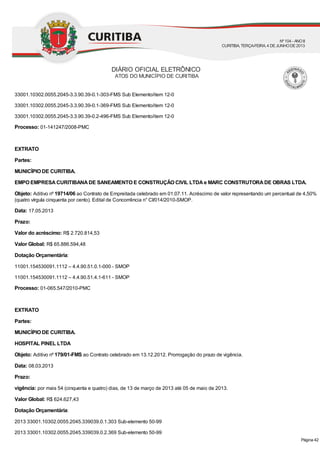 33001.10302.0055.2045-3.3.90.39-0.1-303-FMS Sub Elemento/item 12-0
33001.10302.0055.2045-3.3.90.39-0.1-369-FMS Sub Elemento/item 12-0
33001.10302.0055.2045-3.3.90.39-0.2-496-FMS Sub Elemento/item 12-0
Processo: 01-141247/2008-PMC
EXTRATO
Partes:
MUNICÍPIO DE CURITIBA.
EMPO EMPRESACURITIBANADE SANEAMENTO E CONSTRUÇÃO CIVIL LTDAe MARC CONSTRUTORADE OBRAS LTDA.
Objeto: Aditivo nº 19714/06 ao Contrato de Empreitada celebrado em 01.07.11. Acréscimo de valor representando um percentual de 4,50%
(quatro vírgula cinquenta por cento). Edital de Concorrência n° CI/014/2010-SMOP.
Data: 17.05.2013
Prazo:
Valor do acréscimo: R$ 2.720.814,53
Valor Global: R$ 65.886.594,48
Dotação Orçamentária:
11001.154530091.1112 – 4.4.90.51.0.1-000 - SMOP
11001.154530091.1112 – 4.4.90.51.4.1-611 - SMOP
Processo: 01-065.547/2010-PMC
EXTRATO
Partes:
MUNICÍPIO DE CURITIBA.
HOSPITAL PINEL LTDA
Objeto: Aditivo nº 179/01-FMS ao Contrato celebrado em 13.12.2012. Prorrogação do prazo de vigência.
Data: 08.03.2013
Prazo:
vigência: por mais 54 (cinquenta e quatro) dias, de 13 de março de 2013 até 05 de maio de 2013.
Valor Global: R$ 624.627,43
Dotação Orçamentária:
2013 33001.10302.0055.2045.339039.0.1.303 Sub-elemento 50-99
2013 33001.10302.0055.2045.339039.0.2.369 Sub-elemento 50-99
DIÁRIO OFICIAL ELETRÔNICO
ATOS DO MUNICÍPIO DE CURITIBA
Nº104 - ANOII
CURITIBA, TERÇA-FEIRA, 4 DEJUNHODE2013
Página 42
 