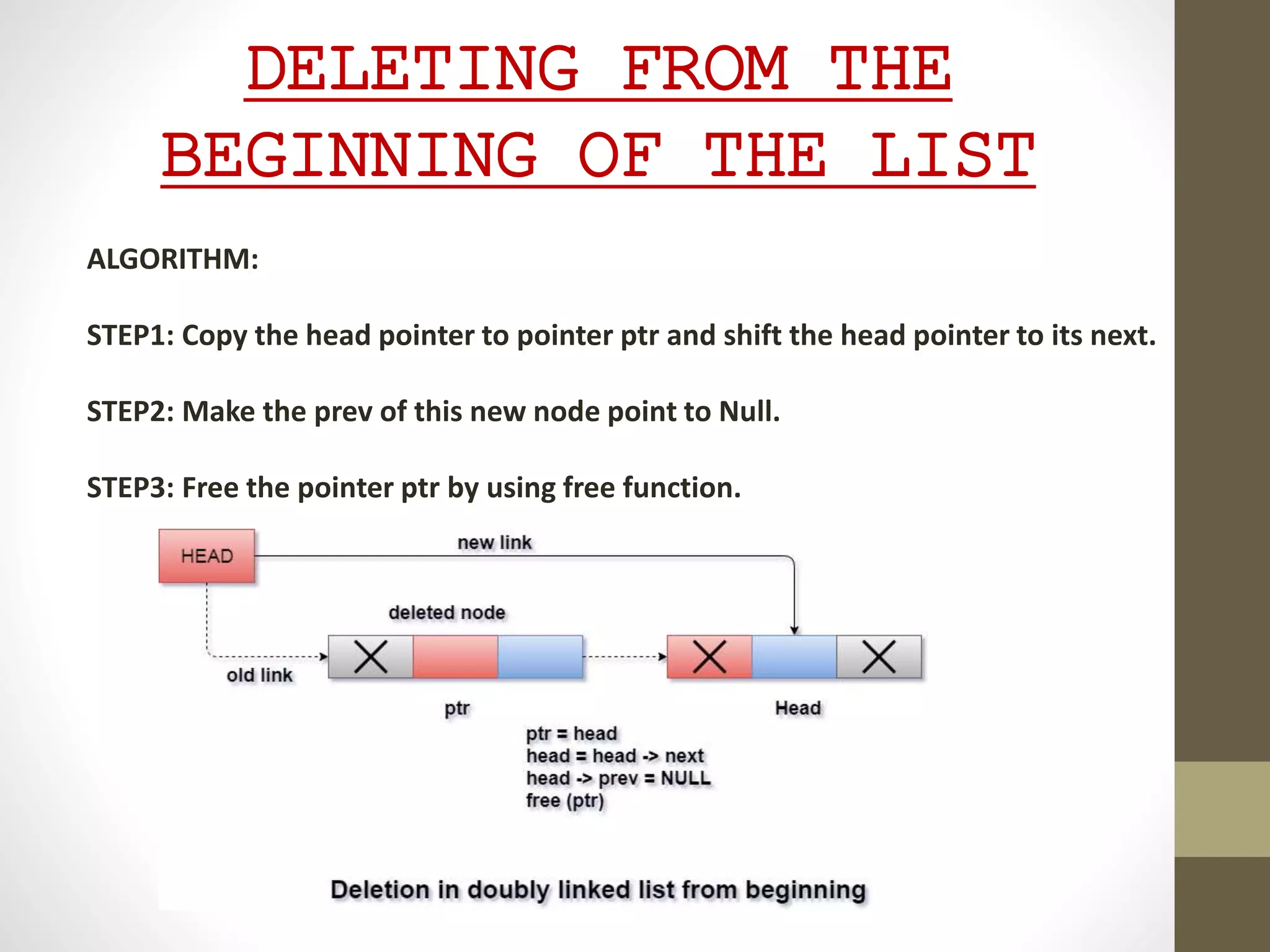 DELETING FROM THE
BEGINNING OF THE LIST
ALGORITHM:
STEP1: Copy the head pointer to pointer ptr and shift the head pointer to its next.
STEP2: Make the prev of this new node point to Null.
STEP3: Free the pointer ptr by using free function.
 