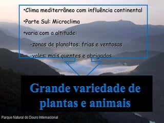 Clima mediterrâneo com influência continental Parte Sul: Microclima  varia com a altitude: -zonas de planaltos: frias e ventosas -vales: mais quentes e abrigados 