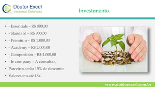 Investimento.
• - Essentials – R$ 800,00
• - Standard – R$ 900,00
• - Premium – R$ 1.000,00
• - Academy – R$ 2.000,00
• - Composition – R$ 1.000,00
• - In company – A consultar.
• Parceiros terão 15% de desconto.
• Valores em até 18x.
www.doutorexcel.com.br
 