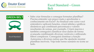Excel Standard – Green
Belt
• Sabe criar fórmulas e consegue formatar planilhas?
Precisa entender um pouco mais e aprofundar o
conhecimento em Excel? Ao finalizar este curso você
entenderá e aplicará funções, criará tabelas e gráficos
dinâmicos que combinam percentuais e valores
resultantes de somas, por exemplo. Criará macros e
também conseguirá classificar seus dados de forma
avançada combinando diversas variáveis e utilizando
filtros complexos. Conseguirá dominar a função
Autosoma e diversas outras que lhe ajudarão montar
planilhas incríveis. Veja todo nosso sumário no ícone ao
lado.
www.doutorexcel.com.br
Excel Standard
 