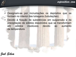 • Designam-se por incrustações os depósitos que se
formam no interior das tubagens (tubulações).
• Devido à fixação de substâncias em suspensão e da
precipitação de sólidos dissolvidos que se transformam
em sólidos insolúveis devido ao aumento
da temperatura.
 