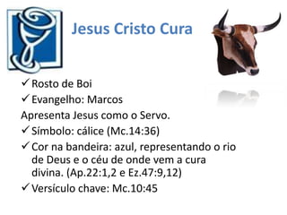 Jesus Cristo Cura


 Rosto de Boi
 Evangelho: Marcos
Apresenta Jesus como o Servo.
 Símbolo: cálice (Mc.14:36)
 Cor na bandeira: azul, representando o rio
  de Deus e o céu de onde vem a cura
  divina. (Ap.22:1,2 e Ez.47:9,12)
 Versículo chave: Mc.10:45
 