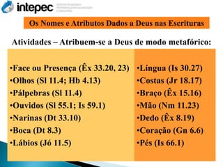 Os Nomes e Atributos Dados a Deus nas Escrituras

Atividades – Atribuem-se a Deus de modo metafórico:


•Face ou Presença (Êx 33.20, 23)   •Língua (Is 30.27)
•Olhos (Sl 11.4; Hb 4.13)          •Costas (Jr 18.17)
•Pálpebras (Sl 11.4)               •Braço (Êx 15.16)
•Ouvidos (Sl 55.1; Is 59.1)        •Mão (Nm 11.23)
•Narinas (Dt 33.10)                •Dedo (Êx 8.19)
•Boca (Dt 8.3)                     •Coração (Gn 6.6)
•Lábios (Jó 11.5)                  •Pés (Is 66.1)
 