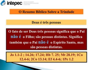 O Resumo Bíblico Sobre a Trindade

               Deus é três pessoas

O fato de ser Deus três pessoas significa que o Pai
 não é o Filho; são pessoas distintas. Significa
também que o Pai não é o Espírito Santo, mas
           são pessoas distintas.

 Jo 1.1-2 ; 14.26; 17.24; Hb 7. 25; Mt 28.19; 1Co
       12.4-6; 2Co 13.14; Ef 4.4-6; 1Pe 1.2
 