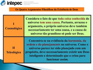 Os Quatro Argumentos Filosóficos da Existência de Deus


              Considera o fato de que toda coisa conhecida do
    I          universo tem uma causa. Portanto, arrazoa o
               argumento, o próprio universo deve também
Cosmológico    necessariamente ter uma causa, e a causa de
                 universo tão grandioso só pode ser Deus.

                Concentra-se na evidência da harmonia, da
               ordem e do planejamento no universo. Como o
    II           universo parece ter sido planejado com um
Teleológico   propósito, deve necessariamente existir um Deus
                 inteligente e determinado que o criou para
                               funcionar assim.
 