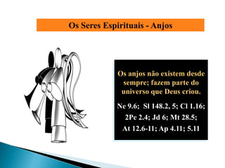 Os Seres Espirituais - Anjos




             Os anjos não existem desde
              sempre; fazem parte do
              universo que Deus criou.
             Ne 9.6; Sl 148.2, 5; Cl 1.16;
               2Pe 2.4; Jd 6; Mt 28.5;
              At 12.6-11; Ap 4.11; 5.11
 