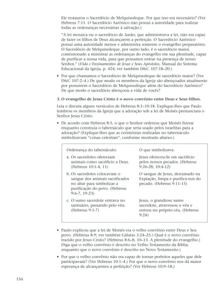 Ele restaurou o Sacerdócio de Melquisedeque. Por que isso era necessário? (Ver
        Hebreus 7:11. O Sacerdócio Aarônico não possui a autoridade para realizar
        todas as ordenanças necessárias à salvação.)
        “A lei mosaica ou o sacerdócio de Aarão, que administrava a lei, não era capaz
        de fazer os filhos de Deus alcançarem a perfeição. O Sacerdócio Aarônico
        possui uma autoridade menor e administra somente o evangelho preparatório.
        O Sacerdócio de Melquisedeque, por outro lado, é o sacerdócio maior,
        comissionado a ministrar as ordenanças do evangelho em sua plenitude, capaz
        de purificar a nossa vida, para que possamos entrar na presença de nosso
        Senhor.” (Vida e Ensinamentos de Jesus e Seus Apóstolos, Manual do Sistema
        Educacional da Igreja, p. 424; ver também D&C 107:18–20.)
      • Por que chamamos o Sacerdócio de Melquisedeque de sacerdócio maior? (Ver
        D&C 107:2–4.) De que modo os membros da Igreja são abençoados atualmente
        por possuírem o Sacerdócio de Melquisedeque além do Sacerdócio Aarônico?
        De que modo o sacerdócio abençoou a vida de vocês?

      3. O evangelho de Jesus Cristo é o novo convênio entre Deus e Seus filhos.
      Leia e discuta alguns versículos de Hebreus 8:1–10:18. Explique-lhes que Paulo
      lembrou os membros da Igreja que a adoração sob a lei de Moisés prenunciara o
      Senhor Jesus Cristo.
      • De acordo com Hebreus 8:5, o que o Senhor ordenou que Moisés fizesse
        enquanto construía o tabernáculo que seria usado pelos israelitas para a
        adoração? (Explique-lhes que as cerimônias realizadas no tabernáculo
        simbolizavam “coisas celestiais”, conforme mostrado abaixo.)


           Ordenança do tabernáculo:              O que simbolizava:
           a. Os sacerdotes ofereciam             Jesus ofereceu-Se em sacrifício
              animais como sacrifício a Deus.     pelos nossos pecados. (Hebreus
              (Hebreus 10:1-4, 11)                9:26-28; 10:4-12)
           b. Os sacerdotes colocavam o           O sangue de Jesus, derramado na
              sangue dos animais sacrificados     Expiação, limpa e purifica-nos do
              no altar para simbolizar a          pecado. (Hebreus 9:11-15)
              purificação do povo. (Hebreus
              9:6-7, 19-23)
           c. O sumo sacerdote entrava no         Jesus, o grandioso sumo
              santuário, passando pelo véu.       sacerdote, atravessou o véu e
              (Hebreus 9:1-7)                     entrou no próprio céu. (Hebreus
                                                  9:24)


      • Paulo explicou que a lei de Moisés era o velho convênio entre Deus e Seu
        povo. (Hebreus 8:9; ver também Gálatas 3:24–25.) Qual é o novo convênio
        trazido por Jesus Cristo? (Hebreus 8:6–8, 10–13. A plenitude do evangelho.)
        Diga que o velho convênio é descrito no Velho Testamento da Bíblia,
        enquanto que o novo convênio é descrito no Novo Testamento.)
      • Por que o velho convênio não era capaz de tornar perfeitos aqueles que dele
        participavam? (Ver Hebreus 10:1–4.) Por que o novo convênio nos dá maior
        esperança de alcançarmos a perfeição? (Ver Hebreus 10:9–18.)


156
 