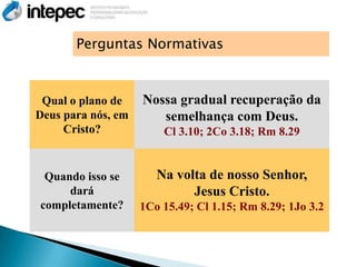 Perguntas Normativas



 Qual o plano de    Nossa gradual recuperação da
Deus para nós, em      semelhança com Deus.
     Cristo?            Cl 3.10; 2Co 3.18; Rm 8.29


 Quando isso se        Na volta de nosso Senhor,
     dará                    Jesus Cristo.
completamente?      1Co 15.49; Cl 1.15; Rm 8.29; 1Jo 3.2
 