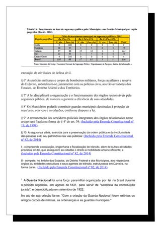 execução de atividades de defesa civil.
§ 6º As polícias militares e corpos de bombeiros militares, forças auxiliares e reserva
do Exército, subordinam-se, juntamente com as polícias civis, aos Governadores dos
Estados, do Distrito Federal e dos Territórios.
§ 7º A lei disciplinará a organização e o funcionamento dos órgãos responsáveis pela
segurança pública, de maneira a garantir a eficiência de suas atividades.
§ 8º Os Municípios poderão constituir guardas municipais destinadas à proteção de
seus bens, serviços e instalações, conforme dispuser a lei.
§ 9º A remuneração dos servidores policiais integrantes dos órgãos relacionados neste
artigo será fixada na forma do § 4º do art. 39. (Incluído pela Emenda Constitucional nº
19, de 1998)
§ 10. A segurança viária, exercida para a preservação da ordem pública e da incolumidade
das pessoas e do seu patrimônio nas vias públicas: (Incluído pela Emenda Constitucional
nº 82, de 2014)
I - compreende a educação, engenharia e fiscalização de trânsito, além de outras atividades
previstas em lei, que assegurem ao cidadão o direito à mobilidade urbana eficiente; e
(Incluído pela Emenda Constitucional nº 82, de 2014)
II - compete, no âmbito dos Estados, do Distrito Federal e dos Municípios, aos respectivos
órgãos ou entidades executivos e seus agentes de trânsito, estruturados em Carreira, na
forma da lei. (Incluído pela Emenda Constitucional nº 82, de 2014)
5
A Guarda Nacional foi uma força paramilitar organizada por lei no Brasil durante
o período regencial, em agosto de 1831, para servir de "sentinela da constituição
jurada", e desmobilizada em setembro de 1922.
No ato de sua criação lia-se: "Com a criação da Guarda Nacional foram extintos os
antigos corpos de milícias, as ordenanças e as guardas municipais."
 