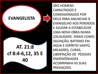 EVANGELISTA
AT. 21:8
cf 8:4-6,12, 35 E
40
SÃO HOMENS
CAPACITADOS E
COMISSIONADOS POR
DEUS PARA ANUNCIAR O
EVANGELHO AOS PERDIDOS
E AJUDAR A ESTABELECER
UMA NOVA OBRA NUMA
LOCALIDADE. SINAIS COMO:
SALVAÇÃO, BATISMO EM
AGUA E ESPÍRITO SANTO,
MILAGRES, CURAS,
LIBERTAÇÃO DE PESSOAS
ENDEMÔNIADAS
ACOMPANHA AS SUAS
PREGAÇOES.
 