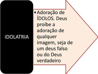 •Adoração de
ÍDOLOS. Deus
proíbe a
adoração de
qualquer
imagem, seja de
um deus falso
ou do Deus
verdadeiro
IDOLATRIA
 