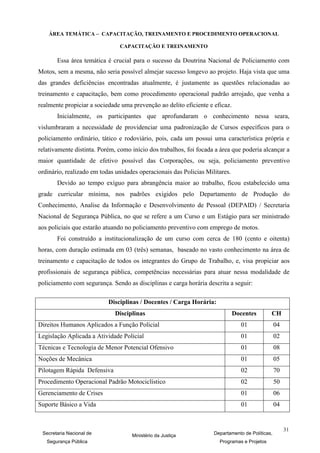 ÁREA TEMÁTICA – CAPACITAÇÃO, TREINAMENTO E PROCEDIMENTO OPERACIONAL

                               CAPACITAÇÃO E TREINAMENTO

       Essa área temática é crucial para o sucesso da Doutrina Nacional de Policiamento com
Motos, sem a mesma, não seria possível almejar sucesso longevo ao projeto. Haja vista que uma
das grandes deficiências encontradas atualmente, é justamente as questões relacionadas ao
treinamento e capacitação, bem como procedimento operacional padrão arrojado, que venha a
realmente propiciar a sociedade uma prevenção ao delito eficiente e eficaz.
       Inicialmente, os participantes que aprofundaram o conhecimento nessa seara,
vislumbraram a necessidade de providenciar uma padronização de Cursos específicos para o
policiamento ordinário, tático e rodoviário, pois, cada um possui uma característica própria e
relativamente distinta. Porém, como início dos trabalhos, foi focada a área que poderia alcançar a
maior quantidade de efetivo possível das Corporações, ou seja, policiamento preventivo
ordinário, realizado em todas unidades operacionais das Policias Militares.
       Devido ao tempo exíguo para abrangência maior ao trabalho, ficou estabelecido uma
grade curricular mínima, nos padrões exigidos pelo Departamento de Produção do
Conhecimento, Analise da Informação e Desenvolvimento de Pessoal (DEPAID) / Secretaria
Nacional de Segurança Pública, no que se refere a um Curso e um Estágio para ser ministrado
aos policiais que estarão atuando no policiamento preventivo com emprego de motos.
       Foi construído a institucionalização de um curso com cerca de 180 (cento e oitenta)
horas, com duração estimada em 03 (três) semanas, baseado no vasto conhecimento na área de
treinamento e capacitação de todos os integrantes do Grupo de Trabalho, e, visa propiciar aos
profissionais de segurança pública, competências necessárias para atuar nessa modalidade de
policiamento com segurança. Sendo as disciplinas e carga horária descrita a seguir:

                           Disciplinas / Docentes / Carga Horária:
                             Disciplinas                                      Docentes       CH
Direitos Humanos Aplicados a Função Policial                                    01               04
Legislação Aplicada a Atividade Policial                                        01               02
Técnicas e Tecnologia de Menor Potencial Ofensivo                               01               08
Noções de Mecânica                                                              01               05
Pilotagem Rápida Defensiva                                                      02               70
Procedimento Operacional Padrão Motociclístico                                  02               50
Gerenciamento de Crises                                                         01               06
Suporte Básico a Vida                                                           01               04


                                                                                                      31
 Secretaria Nacional de             Ministério da Justiça           Departamento de Políticas,
   Segurança Pública                                                  Programas e Projetos
 