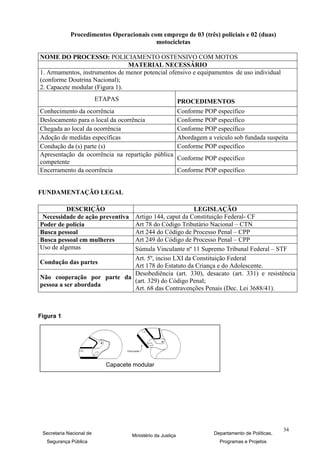 Procedimentos Operacionais com emprego de 03 (três) policiais e 02 (duas)
                                          motocicletas

NOME DO PROCESSO: POLICIAMENTO OSTENSIVO COM MOTOS
                                MATERIAL NECESSÁRIO
1. Armamentos, instrumentos de menor potencial ofensivo e equipamentos de uso individual
(conforme Doutrina Nacional);
2. Capacete modular (Figura 1).
                          ETAPAS                            PROCEDIMENTOS
Conhecimento da ocorrência                       Conforme POP específico
Deslocamento para o local da ocorrência          Conforme POP específico
Chegada ao local da ocorrência                   Conforme POP específico
Adoção de medidas específicas                    Abordagem a veículo sob fundada suspeita
Condução da (s) parte (s)                        Conforme POP específico
Apresentação da ocorrência na repartição pública
                                                 Conforme POP específico
competente
Encerramento da ocorrência                       Conforme POP específico


FUNDAMENTAÇÃO LEGAL

          DESCRIÇÃO                                LEGISLAÇÃO
                            Artigo 144, caput da Constituição Federal- CF
 Necessidade de ação preventiva
Poder de polícia            Art 78 do Código Tributário Nacional – CTN
Busca pessoal               Art 244 do Código de Processo Penal – CPP
Busca pessoal em mulheres   Art 249 do Código de Processo Penal – CPP
Uso de algemas              Súmula Vinculante nº 11 Supremo Tribunal Federal – STF
                            Art. 5º, inciso LXI da Constituição Federal
Condução das partes
                            Art 178 do Estatuto da Criança e do Adolescente.
                            Desobediência (art. 330), desacato (art. 331) e resistência
Não cooperação por parte da
                            (art. 329) do Código Penal;
pessoa a ser abordada
                            Art. 68 das Contravenções Penais (Dec. Lei 3688/41).



Figura 1




                            Capacete modular




                                                                                                 34
 Secretaria Nacional de             Ministério da Justiça           Departamento de Políticas,
  Segurança Pública                                                   Programas e Projetos
 
