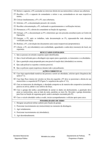 19. Retirar o capacete, o P2, acomodar no retrovisor direito de sua motocicleta e colocar sua cobertura;
27. Recolher, o P3, o capacete do comandante e retirar o seu, acomodando-os em suas respectivas
    motos;
20. Colocar imediatamente, o P1 e P3, suas coberturas;
21. Solicitar, o P1, a documentação pessoal e do veículo;
22. Recolher a documentação, o P1, realizando os questionamentos e verificações iniciais;
23. Permanecer, o P3, a direita do comandante na função de segurança;
24. Entregar, o P1, a documentação ao P3 e determinar que este proceda consulta(s) junto ao Centro de
    Operações;
25. Entregar, o P3, após os trabalhos, toda documentação ao P1, repassando-lhe toda alteração
    verificada (caso haja);
26. Realizar, o P1, a devolução dos documentos ao(s) seu(s) respectivo(s) proprietário(s);
27. Liberar, o P1, o(s) abordado(s) com cordialidade, aguardando a saída do(s) mesmo(s) do local, em
    segurança.
                                  RESULTADOS ESPERADOS
 1. Que as pessoas em atitudes suspeitas sejam identificadas;
 2. Que o local utilizado para a abordagem seja seguro para a guarnição, os transeuntes e os abordados;
3. Que a guarnição esteja preparada para uma possível reação do(s) abordado(s) ou externa;
4. Que cada policial se exponha o mínimo possível;
5. Que os policiais sejam respeitosos durante todo o procedimento.
                                        AÇÕES CORRETIVAS
01 Caso haja superioridade numérica das pessoas a serem ser abordadas, solicitar apoio (Sequência das
    ações nº 1);
02 Caso haja fluxo intenso de veículos na faixa da esquerda o P3 deve se posicionar a direita de sua
    motocicleta e a esquerda do P2 (Figura 3 e sequência das ações nº 11);
03 Caso no transcorrer da abordagem, o abordado comporte-se de maneira não cooperativa (resistência
    passiva ou ativa), adotar o uso seletivo da força;
04 Caso o garupa não tenha a possibilidade de anotar os dados em deslocamento, a guarnição deve
    parar as motocicletas, uma ao lado da outra, paralelas ao meio fio. Devendo o garupa desmontar,
    para ficar na função de segurança geral, sendo a anotação executada pelo P2;
05 Caso o veículo abordado venha a evadir, iniciar acompanhamento e solicitar apoio para cerco.
                                   POSSIBILIDADES DE ERRO
 1. Designar um policial militar canhoto para função de garupa;
 2. Posicionar incorretamente a(s) motocicleta(s) no momento da abordagem;
 3. Agir isoladamente;
 4. Posicionar incorretamente o(s) abordado(s);
 5. Agir desordenadamente.




                                                                                                      46
Secretaria Nacional de                Ministério da Justiça             Departamento de Políticas,
 Segurança Pública                                                        Programas e Projetos
 
