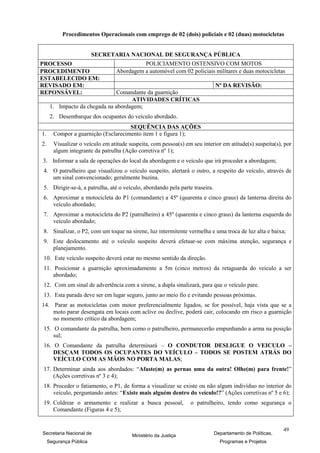 Procedimentos Operacionais com emprego de 02 (dois) policiais e 02 (duas) motocicletas


                         SECRETARIA NACIONAL DE SEGURANÇA PÚBLICA
PROCESSO                                   POLICIAMENTO OSTENSIVO COM MOTOS
PROCEDIMENTO                     Abordagem a automóvel com 02 policiais militares e duas motocicletas
ESTABELECIDO EM:
REVISADO EM:                                                                 Nº DA REVISÃO:
REPONSÁVEL:                    Comandante da guarnição
                                     ATIVIDADES CRÍTICAS
      1. Impacto da chegada na abordagem;
      2. Desembarque dos ocupantes do veículo abordado.
                                     SEQUÊNCIA DAS AÇÕES
1.     Compor a guarnição (Esclarecimento item 1 e figura 1);
2.     Visualizar o veículo em atitude suspeita, com pessoa(s) em seu interior em atitude(s) suspeita(s), por
       algum integrante da patrulha (Ação corretiva nº 1);
3. Informar a sala de operações do local da abordagem e o veículo que irá proceder a abordagem;
4. O patrulheiro que visualizou o veículo suspeito, alertará o outro, a respeito do veículo, através de
   um sinal convencionado; geralmente buzina.
5. Dirigir-se-á, a patrulha, até o veículo, abordando pela parte traseira.
6. Aproximar a motocicleta do P1 (comandante) a 45º (quarenta e cinco graus) da lanterna direita do
   veículo abordado;
7. Aproximar a motocicleta do P2 (patrulheiro) a 45º (quarenta e cinco graus) da lanterna esquerda do
   veículo abordado;
8. Sinalizar, o P2, com um toque na sirene, luz intermitente vermelha e uma troca de luz alta e baixa;
9. Este deslocamento até o veículo suspeito deverá efetuar-se com máxima atenção, segurança e
   planejamento.
10. Este veículo suspeito deverá estar no mesmo sentido da direção.
11. Posicionar a guarnição aproximadamente a 5m (cinco metros) da retaguarda do veículo a ser
    abordado;
12. Com um sinal de advertência com a sirene, a dupla sinalizará, para que o veículo pare.
13. Esta parada deve ser em lugar seguro, junto ao meio fio e evitando pessoas próximas.
14. Parar as motocicletas com motor preferencialmente ligados, se for possível, haja vista que se a
    moto parar desengata em locais com aclive ou declive, poderá cair, colocando em risco a guarnição
    no momento crítico da abordagem;
15. O comandante da patrulha, bem como o patrulheiro, permanecerão empunhando a arma na posição
    sul;
16. O Comandante da patrulha determinará – O CONDUTOR DESLIGUE O VEICULO –
    DESÇAM TODOS OS OCUPANTES DO VEÍCULO – TODOS SE POSTEM ATRÁS DO
    VEÍCULO COM AS MÃOS NO PORTA MALAS;
17. Determinar ainda aos abordados: “Afaste(m) as pernas uma da outra! Olhe(m) para frente!”
    (Ações corretivas nº 3 e 4);
18. Proceder o fatiamento, o P1, de forma a visualizar se existe ou não algum indivíduo no interior do
    veículo, perguntando antes: “Existe mais alguém dentro do veículo!?” (Ações corretivas nº 5 e 6);
19. Coldrear o armamento e realizar a busca pessoal,             o patrulheiro, tendo como segurança o
    Comandante (Figuras 4 e 5);


                                                                                                          49
Secretaria Nacional de                  Ministério da Justiça                Departamento de Políticas,
     Segurança Pública                                                         Programas e Projetos
 