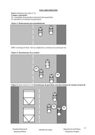 ESCLARECIMENTOS:
Item 1 (Sequência das ações nº 1):
Compor a guarnição:
P1: comandante da guarnição (responsável pela guarnição);
P2: patrulheiro (escriturário da guarnição);

Figura 1: Deslocamento para patrulhamento




OBS: Caso haja um fluxo intenso a dupla deve se deslocar em coluna por um.

Figura 2: Desembarque da guarnição




                                                  ?

                                 P1



                                                                   P2




Figura 3 (Ação corretiva nº 2): Desembarque da guarnição com fluxo intenso de veículos na faixa da
esquerda




                                                              P2
                                                                        P1




                                                                                                     56
 Secretaria Nacional de               Ministério da Justiça             Departamento de Políticas,
   Segurança Pública                                                         Programas e Projetos
 