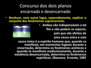 Concurso dos dois planos
encarnado e desencarnado
• Nenhum, nem outro logra, separadamente, explicar o
conjunto dos fenômenos supranormais.
• Ambos são indispensáveis a tal
fim e não podem se separar,
pois que são efeitos de
uma causa única e esta
causa única é o espírito humano que, quando se
manifesta, em momentos fugazes durante a
encarnação, determina os fenômenos anímicos e
quando se manifesta mediunicamente, durante a
existência desencarnada, determina os fenômenos
espiríticos. (Bozzano. Ernesto, 1987
 