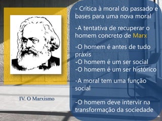 - Crítica à moral do passado e
                 bases para uma nova moral
                 -A tentativa de recuperar o
                 homem concreto de Marx
                 -O homem é antes de tudo
                 práxis
                 .
                 -O homem é um ser social
                 -O homem é um ser histórico
                 -A moral tem uma função
                 social
IV. O Marxismo
                 -O homem deve intervir na
                 transformação da sociedade
 