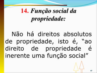 14. Função social da
        propriedade:

  Não há direitos absolutos
de propriedade, isto é, “ao
direito de propriedade é
inerente uma função social”

                           47
 