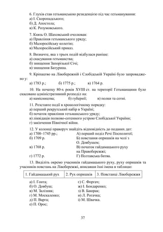 37
6. Глухів став гетьманською резиденцією під час гетьманування:
а) І. Скоропадського;
б) Д. Апостола;
в) К. Розумовського.
7. Князь О. Шаховський очолював:
а) Правління гетьманського уряду;
б) Малоросійську колегію;
в) Малоросійський приказ.
8. Визначте, яка з трьох подій відбулася раніше:
а) скасування гетьманства;
б) знищення Запорізької Січі;
в) знищення Батурина.
9. Кріпацтво на Лівобережній і Слобідській Україні було запровадже-
но у:
а) 1783 р.; б) 1775 р.; в) 1764 р.
10. На початку 80-х років XVIII ст. на території Гетьманщини було
скасовано адміністративний розподіл на:
а) намісництва; б) губернії; в) полки та сотні.
11. Розставте події в хронологічному порядку:
а) перший рекрутський набір в Україні;
б) початок правління гетьманського уряду;
в) ліквідація полково-сотенного устрою Слобідської України;
г) закінчення Північної війни.
12. У колонці праворуч знайдіть відповідність до поданих дат:
а) 1700–1745 рр.; А) перший поділ Речі Посполитої;
б) 1709 р. Б) повстання опришків на чолі з
О. Довбушем;
в) 1768 р. В) початок гайдамацького руху
на Правобережжі;
г) 1772 р. Г) Полтавська битва.
13. Виділіть окремо учасників гайдамацького руху, руху опришків та
учасників повстань на Лівобережжі, вписавши їхні імена в таблицю:
1. Гайдамацький рух 2. Рух опришків 3. Повстанці Лівобережжя
а) І. Гонта; є) С. Форгач;
б) О. Довбуш; ж) І. Бондаренко;
в) М. Залізняк; з) В. Баюрак;
г) М. Москаленко; и) Л. Рогачка;
д) П. Варга; і) М. Швачка.
е) П. Орос;
 