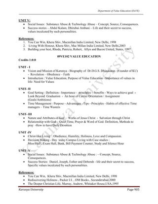 Department of Value Education (DoVE)
Karunya University  Page 905 
UNIT V:
• Social Issues: Substance Abuse & Technology Abuse – Concept, Source, Consequences.
• Success stories – Abdul Kalam, Dhirubai Ambani – Life and their secret to success,
values inculcated by such personalities.
References:
1. You Can Win, Khera Shiv, Macmillan India Limited, New Delhi, 1998
2. Living With Honour, Khera Shiv, Mac Millan India Limited, New Delhi,2003
3. Building your best, Rhoda, Patricia, Robert, Allyn and Bacon United, States, 1997
09VE102 VALUE EDUCATION
Credits 1:0:0
UNIT - I
• Vision and Mission of Karunya - Biography of Dr.D.G.S. Dhinakaran (Founder of KU)
- Revelation – Obedience – Faith
• Introduction : Value Education, Purpose of Value Education - Importance of values in
life- Need for Values
UNIT- II
• Goal Setting : Definition - Importance - principles - benefits - Ways to achieve goal -
Look Beyond Graduation - An hour of Carrier Orientation / Assignment
(Goals/Ambitions)
• Time Management : Purpose - Advantages –Tips - Principles - Habits of effective Time
managers – Time Wasters
UNIT- III
• Nature and Attributes of God – Works of Jesus Christ - Salvation through Christ
• Relationship with God : Quiet Time, Prayer & Word of God: Definition, Methods to
pray -How to have Daily Devotion
UNIT -IV
• Christ-like Living : Obedience, Humility, Holiness, Love and Compassion.
• Decision Making - Day today Campus Living with Case studies :
Mess Hall , Exam Hall, Bank, Bill Payment Counter, Study and Silence Hour
UNIT- V
• Social Issues: Substance Abuse & Technology Abuse : – Concept, Source,
Consequences.
• Success Stories: Daniel, Joseph, Esther and Deborah - life and their secret to success,
Specific values inculcated by such personalities.
References:
• You Can Win, Khera Shiv, Macmillan India Limited, New Delhi, 1998
• Rediscovering Holiness , Packer J.I. , OM Books , Secunderabad,2000
• The Deeper Christian Life, Murray, Andrew, Whitaker House,USA,1995
 