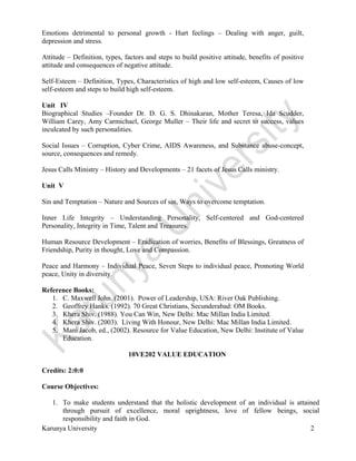  
Karunya University 2
Emotions detrimental to personal growth - Hurt feelings – Dealing with anger, guilt,
depression and stress.
Attitude – Definition, types, factors and steps to build positive attitude, benefits of positive
attitude and consequences of negative attitude.
Self-Esteem – Definition, Types, Characteristics of high and low self-esteem, Causes of low
self-esteem and steps to build high self-esteem.
Unit IV
Biographical Studies –Founder Dr. D. G. S. Dhinakaran, Mother Teresa, Ida Scudder,
William Carey, Amy Carmichael, George Muller – Their life and secret to success, values
inculcated by such personalities.
Social Issues – Corruption, Cyber Crime, AIDS Awareness, and Substance abuse-concept,
source, consequences and remedy.
Jesus Calls Ministry – History and Developments – 21 facets of Jesus Calls ministry.
Unit V
Sin and Temptation – Nature and Sources of sin, Ways to overcome temptation.
Inner Life Integrity – Understanding Personality, Self-centered and God-centered
Personality, Integrity in Time, Talent and Treasures.
Human Resource Development – Eradication of worries, Benefits of Blessings, Greatness of
Friendship, Purity in thought, Love and Compassion.
Peace and Harmony – Individual Peace, Seven Steps to individual peace, Promoting World
peace, Unity in diversity.
Reference Books:
1. C. Maxwell John. (2001). Power of Leadership, USA: River Oak Publishing.
2. Geoffrey Hanks. (1992). 70 Great Christians, Secunderabad: OM Books.
3. Khera Shiv. (1988). You Can Win, New Delhi: Mac Millan India Limited.
4. Khera Shiv. (2003). Living With Honour, New Delhi: Mac Millan India Limited.
5. Mani Jacob, ed., (2002). Resource for Value Education, New Delhi: Institute of Value
Education.
10VE202 VALUE EDUCATION
Credits: 2:0:0
Course Objectives:
1. To make students understand that the holistic development of an individual is attained
through pursuit of excellence, moral uprightness, love of fellow beings, social
responsibility and faith in God.
 
