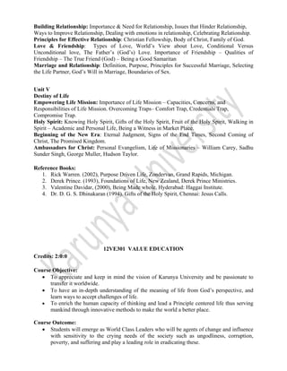  
 
Building Relationship: Importance & Need for Relationship, Issues that Hinder Relationship,
Ways to Improve Relationship, Dealing with emotions in relationship, Celebrating Relationship.
Principles for Effective Relationship: Christian Fellowship, Body of Christ, Family of God.
Love & Friendship: Types of Love, World’s View about Love, Conditional Versus
Unconditional love, The Father’s (God’s) Love. Importance of Friendship – Qualities of
Friendship – The True Friend (God) – Being a Good Samaritan
Marriage and Relationship: Definition, Purpose, Principles for Successful Marriage, Selecting
the Life Partner, God’s Will in Marriage, Boundaries of Sex.
Unit V
Destiny of Life
Empowering Life Mission: Importance of Life Mission – Capacities, Concerns, and
Responsibilities of Life Mission. Overcoming Traps– Comfort Trap, Credentials Trap,
Compromise Trap.
Holy Spirit: Knowing Holy Spirit, Gifts of the Holy Spirit, Fruit of the Holy Spirit, Walking in
Spirit – Academic and Personal Life, Being a Witness in Market Place.
Beginning of the New Era: Eternal Judgment, Signs of the End Times, Second Coming of
Christ, The Promised Kingdom.
Ambassadors for Christ: Personal Evangelism, Life of Missionaries – William Carey, Sadhu
Sunder Singh, George Muller, Hudson Taylor.
Reference Books:
1. Rick Warren. (2002), Purpose Driven Life, Zondervan, Grand Rapids, Michigan.
2. Derek Prince. (1993), Foundations of Life, New Zealand, Derek Prince Ministries.
3. Valentine Davidar, (2000), Being Made whole, Hyderabad: Haggai Institute.
4. Dr. D. G. S. Dhinakaran (1994). Gifts of the Holy Spirit, Chennai: Jesus Calls.
12VE301 VALUE EDUCATION
Credits: 2:0:0
Course Objective:
• To appreciate and keep in mind the vision of Karunya University and be passionate to
transfer it worldwide.
• To have an in-depth understanding of the meaning of life from God’s perspective, and
learn ways to accept challenges of life.
• To enrich the human capacity of thinking and lead a Principle centered life thus serving
mankind through innovative methods to make the world a better place.  
                        
Course Outcome:
• Students will emerge as World Class Leaders who will be agents of change and influence
with sensitivity to the crying needs of the society such as ungodliness, corruption,
poverty, and suffering and play a leading role in eradicating these.
 