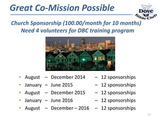 • August – December 2014 – 12 sponsorships
• January – June 2015 – 12 sponsorships
• August – December 2015 – 12 sponsorships
• January – June 2016 – 12 sponsorships
• August – December – 2016 – 12 sponsorships
Great Co-Mission Possible
Church Sponsorship (100.00/month for 10 months)
Need 4 volunteers for DBC training program
13
 