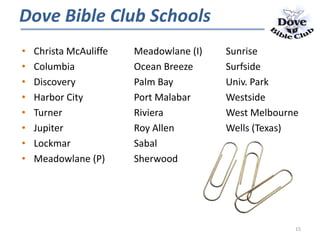 • Christa McAuliffe Meadowlane (I) Sunrise
• Columbia Ocean Breeze Surfside
• Discovery Palm Bay Univ. Park
• Harbor City Port Malabar Westside
• Turner Riviera West Melbourne
• Jupiter Roy Allen Wells (Texas)
• Lockmar Sabal
• Meadowlane (P) Sherwood
Dove Bible Club Schools
15
 