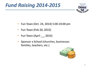 Fund Raising 2014-2015
• Fun Town (Oct. 24, 2014) 5:00-10:00 pm
• Fun Town (Feb 20, 2015)
• Fun Town (April __, 2015)
• Sponsor a School (churches, businesses
families, teachers, etc.)
20
 