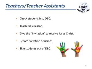 Teachers/Teacher Assistants
• Check students into DBC.
• Teach Bible lesson.
• Give the “Invitation” to receive Jesus Christ.
• Record salvation decisions.
• Sign students out of DBC.
23
 