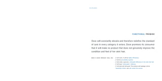 the promise31
F U N C T I O N A L P R O M I S E
Dove will constantly elevate and therefore redeﬁne the standard
of care in every category it enters. Dove promises its consumer
that it will make no product that does not genuinely improve the
condition and feel of her skin / hair.
W H AT A D O V E P R O D U C T W I L L D O : _It will work. It will be highly efﬁcacious.
_It will be perceivably superior.
_It will make a genuine, noticeable difference in the skin / hair feel.
_It will have “endorsable” mildness.
_It will look and feel good. The product and package will be
beautifully tactile, and will reward the senses.
 